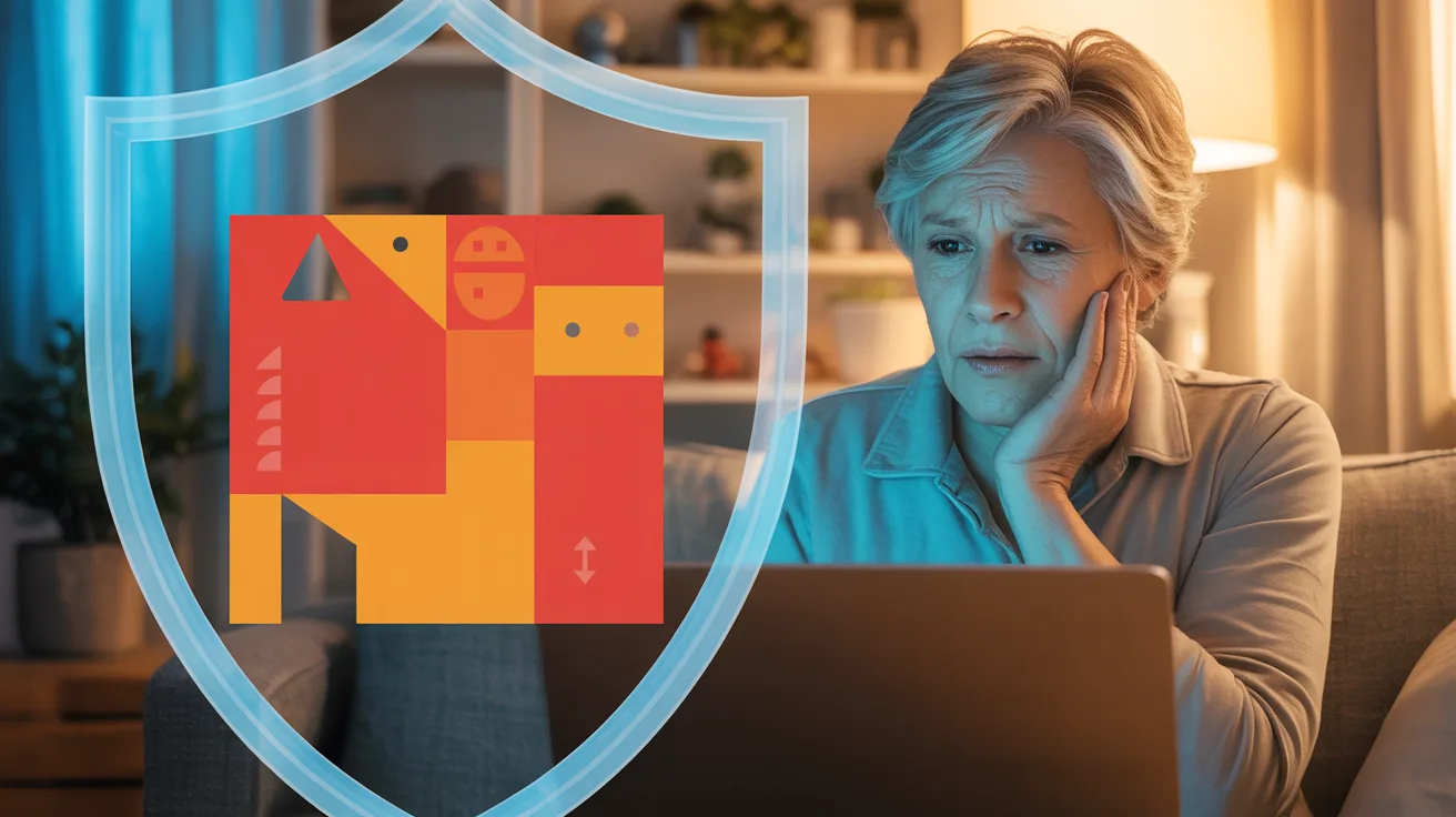 Person looking concerned at a laptop with a warning alert on screen, with a protective shield overlay